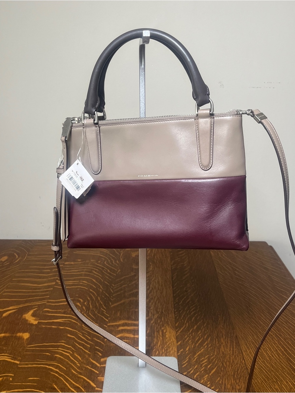 Coach Two-Tone Leather Satchel in Taupe/Gray Oxblood and Dark Brown Handles